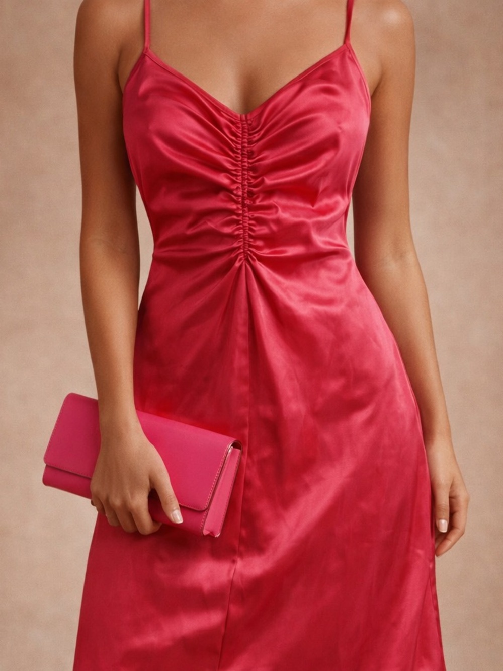 a new day Satin Ruched Midi Dress in Fuchsia Pink
